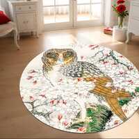 Japanese Owl Round Rug – Cherry Blossom Floor Mat, Oriental Bird Rug, Sakura Art Rug for Boho 