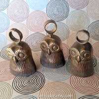 3 Vintage Brass OWL BELLS, Bells of Sarna, India, with clappers