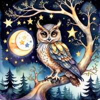 Fantasy Night Owl, 12 High-Res Watercolor JPGs,Commercial License Clipart,Fantasy Images,POD,Cards,I