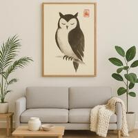 Owl Wall Art Printable | Japanese Sumi-e Ink Painting | Minimalist Zen Decor | Digital Download | Ja
