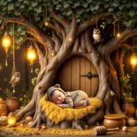 Newborn Digital Backdrop | Enchanted Owl Treehouse Bed, Glowing Honey Jars & Forest Lantern Nest