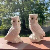 Owl Figurines Italian Sandstone White Carved Garden Decor Pair – 5.5” Tall Mid Century A