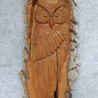 Owl in a Hollow, Carving Sculpture, Cottonwood Bark, Home Decor Handmade WoodCarving by Artist, Wall