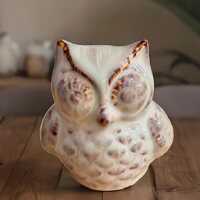 3'' Vintage Ceramic Owl Figurine, Handmade Owl Sculpture, Indoor Outdoor Owl Decor, Beige Ow