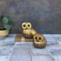 Vintage Jaru Owl Figurines, Gold Leaf Heavy Plaster Set of 2, MCM Decor