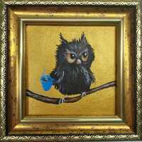 Owl and coffee painting original Golden painting Small bird artwork framed Funny owl wall art Best f