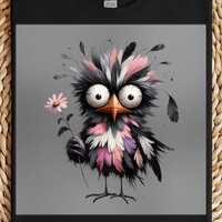 Cute Owl Holding Flower DTF Transfer, Cartoon Bird with Pink Feathers, Ready to Press, DIY Kids Shir