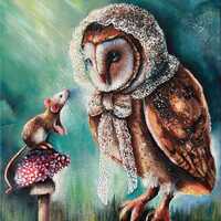 Original canvas painting Owl and Mouse, Barn owl wall art, Mice painting, Fairy painting, Whimsical 