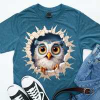 3D Owl T-Shirt Design PNG – Cute Cartoon Bird Breaking Wall, Big Eyed Forest Animal Sublimatio