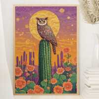 Boho Owl Print: Southwestern Cactus Art (Digital Download)