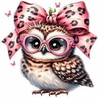 12 PNG Cute Owl with Pink Glasses and Leopard Bow PNG Clipart, Stylish Baby Owl with Big Eyes, Fun A