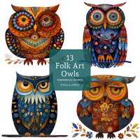 Decorative Owl Clipart, 13 High Quality PNGs/JPGs, Nordic Folk Art Bird Clipart, Paper/Digital Craft