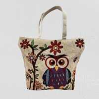 Owl Canvas Embroidery Tote Bag Shoulder Handbag Purse 18" x 17" Zip Closure, Sewing Bag, B
