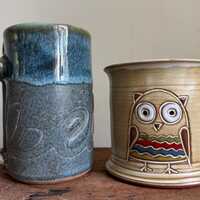 Vintage Pottery Large Mugs | Owl Mug from Slovenia and Positive Affirmation “Believe” Mu