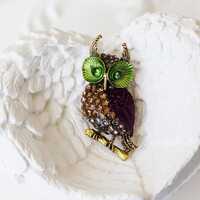 Vintage Owl Brooch, Colorful Crystal Insect Pin, Whimsical Bronze Bird Jewelry, Green Eyes Colorful 
