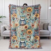 Boho Owl Woven Blanket,  Cottagecore Owl and Sunflower Tapestry, Woven Throw Blanket, Tapestry Wall