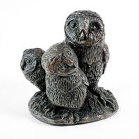 Barn Owl Figurine, Vintage Cold Cast Bronze Ornament, Owlets Trio