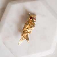 Vintage Gold Owl Brooch with Ruby Eyes stamped BSK from the 1970s, Vintage Owl Lapel Pin