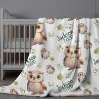 Personalized Owl Baby Name Blanket Woodland Infant Swaddle Hospital Blanket New Mom Gift Newborn Bab