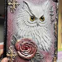 Athena Owl Journal – Embossed Resin Notebook with Swarovski Crystal, 3D Owl & Rose Design,