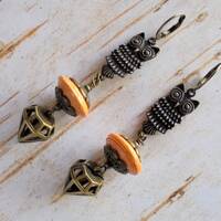 Brass and Orange Owl Boho Earrings (4329)