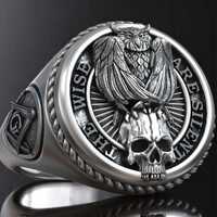 925 Sterling Silver Masonic Owl Skull Ring, The Wise Are Silent Signet, Freemason Symbolism Jewelry,