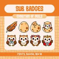 Kawaii Owl Evolution Sub Badges for Twitch, Cute Brown Bird Growth Badge Set, Feather to Royal Owl T