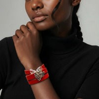 Owl charm red leather cuff bracelet. Unisex double wrap, silver sliders charms.