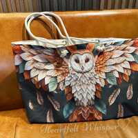 Dark Teal Owl Tote Bag, Artistic Feather Art Wildlife Tote, Nature Lover Gift For Her, Trending Uniq