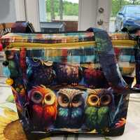 Gorgeous Vibrant Owls Pocket and Key Fob Crossbody or Shoulder Adjustable Strap Fabric Purse 100% ha