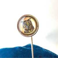Antique Essex Crystal Owl Stickpin | Reverse Intaglio in 10k Yellow Gold Bezel, Edwardian Animal Jew