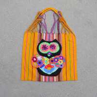 Mexican Artisanal Handmade Cotton and wool Owl Tote Shoulder bag Book Bag Colorful Stripes Embroider
