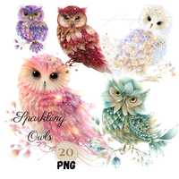 Sparkling Owl Clipart PNG Bundle | Fantasy Owl Illustrations | Glitter Owls for Sublimation, Invitat
