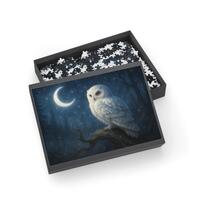 Moonlit Snowy Owl jigsaw Puzzle – Mystical Forest Night with Crescent Moon & Starlit Magic