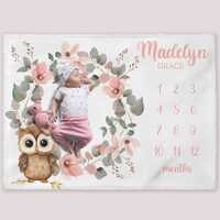 Owl Milestone Blanket, Personalized Pink Flowers Baby Girl Month Blanket, Nursery Custom Newborn Gro