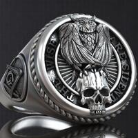 Owl and Skull Masonic Ring – Sterling Silver Signet with Compass Square Symbol, Wisdom in Sile