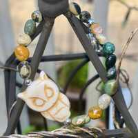 Howlite Owl and Ocean Jasper Beaded Bracelet | Choose Size | Wisdom & Knowledge | See item descr