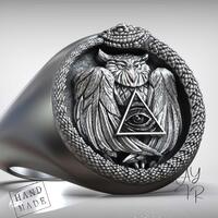 Ouroboros Owl Ring – Handmade Silver Masonic Signet with Eye of Providence and Serpent, Symbol