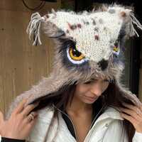 Handmade Owl Beanie - Warm Winter Hat-Nature-Inspired Bird Knit Cap - Cozy Wool Earflap-Beige Animal