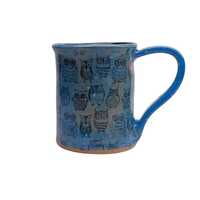 Hand-Thrown Pottery Blue Owl Mug Signed Joan G. Speckled Glaze