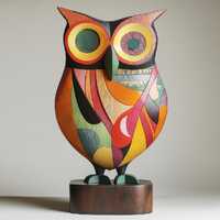 Hand Painted Wooden Owl Sculpture Colorful Owl Figurine Owl Lover Gift Abstract Painted Owl Carving 