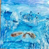 Owl and Farmstead- original mixed media painting on wood panel 4 x4 ins by Miriam Jones