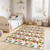Colorful Owl and Flower Pattern Rectangular Kids Rug, Cute Nursery Carpet, Playroom Decor, Soft Kids