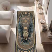 Mystical Owl Runner Rug, Gothic Moon Phase Hallway Carpet, Celestial Bird Tapestry Rug, Dark Blue Be