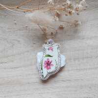 Broche hibou en argent 925, porcelaine et oxyde de zirconium rose – bijou poétique fait