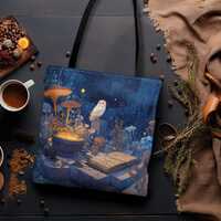 Owls Alchemy Garden Double Sided Tote Bag with Glowing Cauldron Mushrooms and Spellbook Mystical Wit