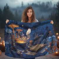 Owls Alchemy Garden Double Sided Throw Blanket with Glowing Cauldron Mushrooms and Spellbook Mystica