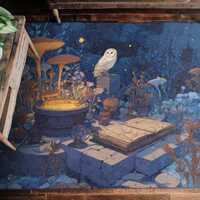 Owls Alchemy Garden Chenille Area Rug with Glowing Cauldron Mushrooms and Spellbook Mystical Floor D