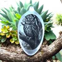 Laser Engraved Owl Pendant: Silver Plated Spoon Necklace