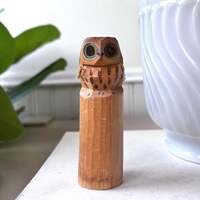 Vintage 1960s Hand-Carved Wooden Owl Figurine, MCM Mid Century Animal Totem, Folk Art Bird Decor, Ma